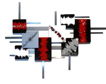 Modern Red Black Contemporary Abstract wall sculptures, Wood and Metal wall art 51x36 by Alisa