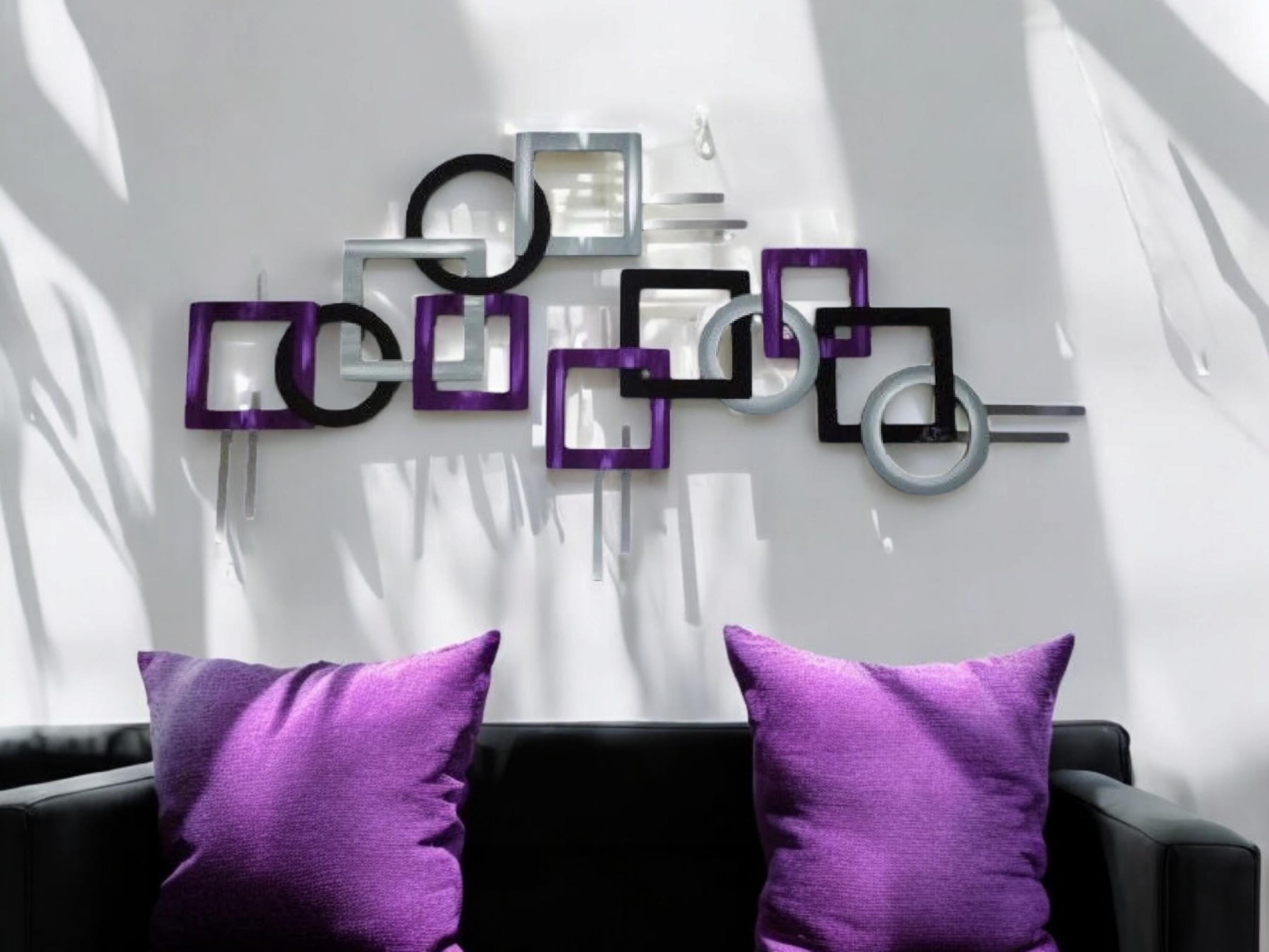 Purple Squares wall art, Wood & Metal Wall Sculpture, Contemporary Modern Wall hanging, Wood wall art, 58x29 by Art69