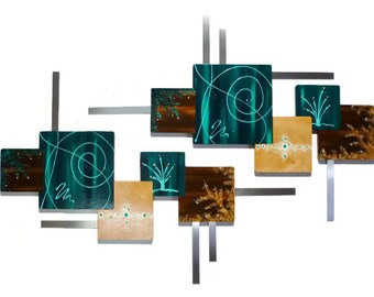 Contemporary Teal & brown wall Sculptures, Abstract Modern Wall Art, Wood with Metal Wall Sculpture- 3 sizes- by Alisa