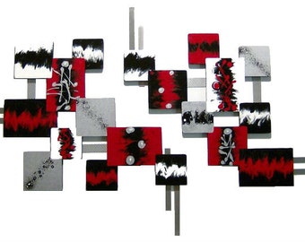 Contemporary Modern Wall Sculpture, Red, black Abstract Art,  Square wood & metal wall art by Alisa Tarpley