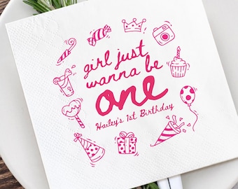 Girl 1st Birthday Party Napkins/e Cocktail Napkins/Pink Girl 1st Birthday Decor/Custom Cocktail Napkins for Birthday/Girls Just Wanna Be One