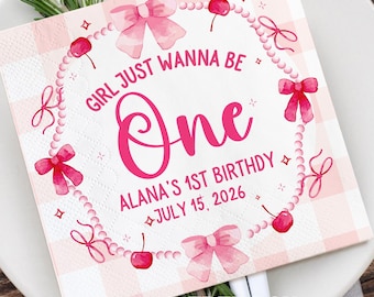 1st Birthday Girl Party Napkins/Girls Just Wanna Be One Cocktail Napkins/Pink Girl 1st Birthday Decor/Custom Cocktail Napkins for Birthday