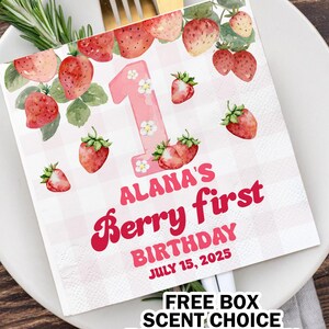 Custom Cocktail Napkins For Girls First Birthday/Pink Gingham Berry First Strawberry Napkins/Berry First Party Theme Decors/Party Supplies