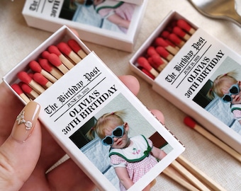 Personalized Photo Matchbox 30th Birthday Party Favors, Custom Vintage Photo Matches, 30th, 40th, 50th Birthday Party Favors, Retro Keepsake