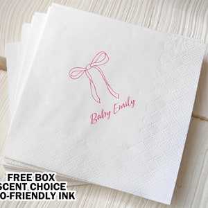 Pink Bow Cocktail Napkins for Baby Girl Shower, Baby Tea Party Decor, Gender Reveal Napkins, Its A Girl, Its A Boy, Custom Printed Napkins