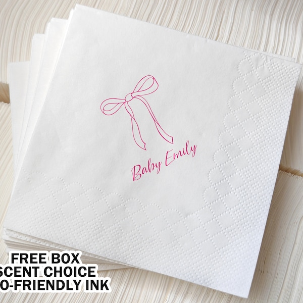 Pink Bow Cocktail Napkins for Baby Girl Shower, Baby Tea Party Decor, Gender Reveal Napkins, Its A Girl, Its A Boy, Custom Printed Napkins