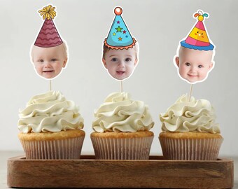 Custom Face Cupcake Toppers/Baby Face Cupcake Toppers/Personalized Birthday Party Decoration/Head on Stick Decorations/Photo Birthday Topper