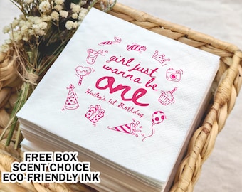 Pink Girl 1st Birthday Decor/Custom Cocktail Napkins for Birthday/Girls Just Wanna Be One/Girl 1st Birthday Party Napkins/Baby Shower Napkin
