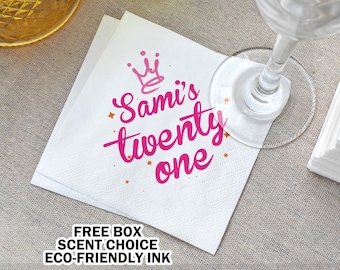 Custom Birthday Napkins/21st Birthday Napkins/Twenty One Decor Party Celebration/Birthday Party Supplies/Bar Napkins/Beverage Napkins
