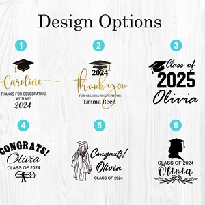 May include: Image showcasing six graduation design options. Each design includes a graduation cap graphic and personalized text. The text includes names, the year 2024 or 2025, and phrases like "Congrats!" and "Thank you."