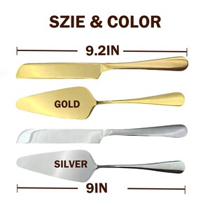 May include: Image shows a gold and silver cake server set. The gold server is 9.2 inches long, and the silver server is 9 inches long. The text "SZIE & COLOR" is at the top, with "GOLD" and "SILVER" labels.
