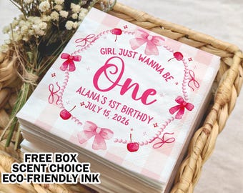 Girls Just Wanna Be One Pink Bow First Birthday Napkins/Birthday Party Decorations/Personalized Cocktail, Luncheon or Dinner Napkins