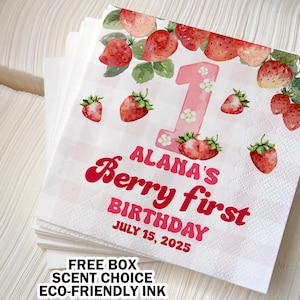 Pink Gingham Berry First Strawberry Napkins/Berry First Party Theme Decors/Strawberry 1st Birthday Decors/Cocktail or Luncheon Napkins