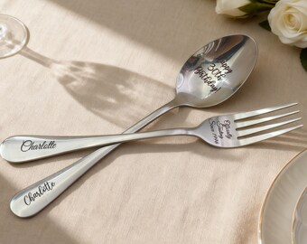Personalized Birthday Engraved Spoon & Fork/Coffee, Dessert Spoons/Stainless Steel Spoon/Birthday Gift/Anniversary Gift/Wedding Gift