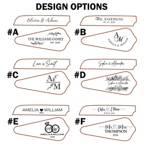 May include: Design options for personalized items. The image displays several design choices, each featuring names, dates, and decorative elements. Options include names like Olivia & Adam, The Williams Family, Amelia & Mason, and Chloe & Ethan, with dates and floral accents.