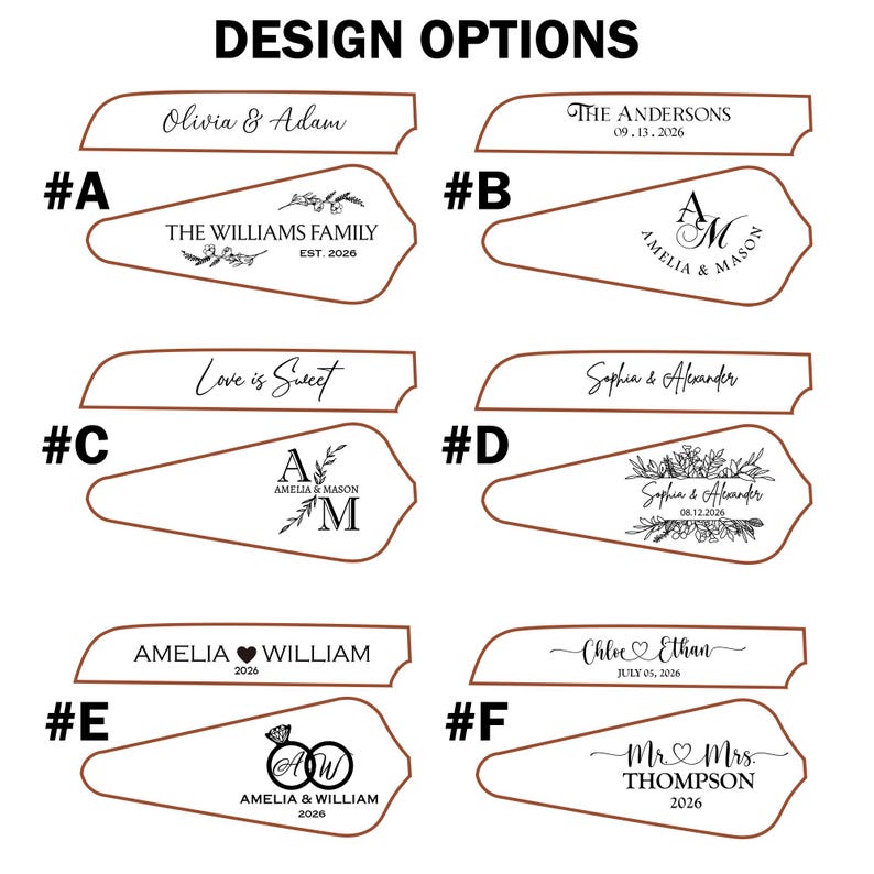 May include: Design options for personalized items. The image displays several design choices, each featuring names, dates, and decorative elements. Options include names like Olivia & Adam, The Williams Family, Amelia & Mason, and Chloe & Ethan, with dates and floral accents.