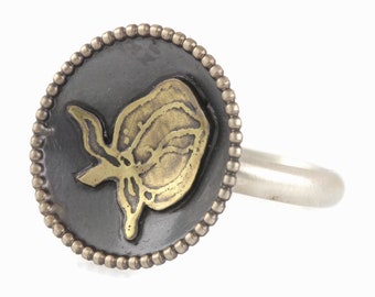 Sterling Silver with Brass Flower Bud Domed Ring with Bead Frame, Size 7