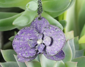 Unique Colorful Purple Orchid Necklace Pendant on Sterling Silver Chain