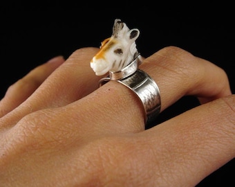 Repurposed Plastic Zebra Toy Head Ring - Sterling Silver Statement Size 6.5 - Found Object Jewelry