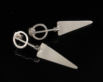 Modern Industrial Circle Triangle Shaped Long Studs - Sterling Silver