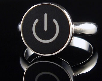 Jewelry SALE - Computer Key Jewelry - Sterling Black or White Apple Mac Power On Standby Symbol Statement Ring