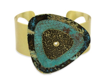 Colorful Abstract Art Jewelry Layered 3D Patina Cuff Bracelet: Blue Gold, Aqua and Rose Etched Triangles