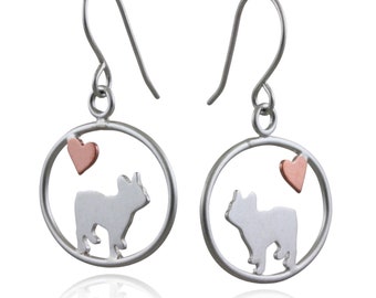 French Bulldog Sterling Dangle Earrings with Tiny Heart