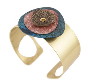Colorful Abstract Art Jewelry Layered 3D Patina Cuff Bracelet - Blue, Rose and Brass