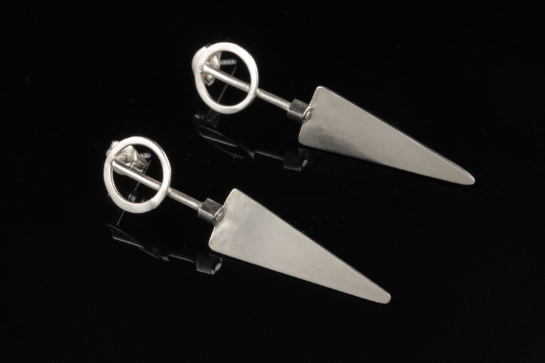 Modern Industrial Circle Triangle Shaped Long Studs Sterling Silver image 2