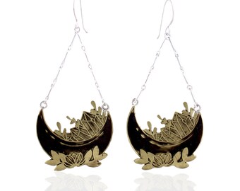 Crystal Botanical Crescent Moon Witchy Dangle Earrings