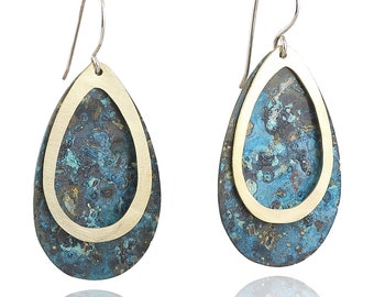 Lucious and Colorful Blue Patina and Brass Teardrop Statement Dangle Earrings