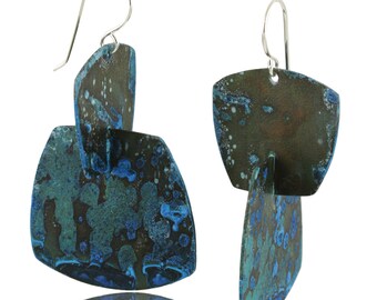 Sapphire Cosmic Luster Patinated Three Dimensional Modern Dangle Earrings