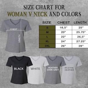 May include: A size chart for a woman's V-neck t-shirt, with measurements in inches. The chart includes sizes S, M, L, XL, and 2XL, with chest and length measurements. The image also shows the t-shirt in black, white, heather dark grey, and athletic heather.