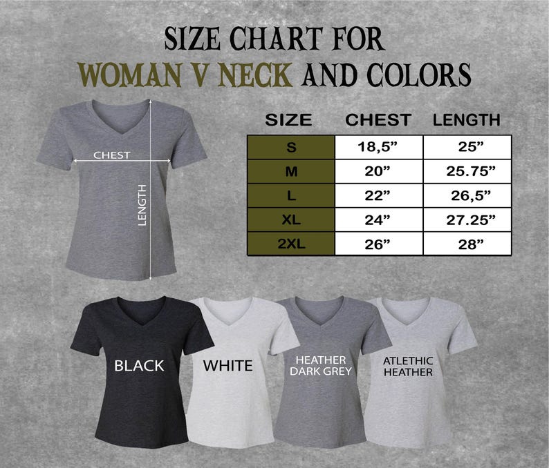 May include: A size chart for a woman's V-neck t-shirt, with measurements in inches. The chart includes sizes S, M, L, XL, and 2XL, with chest and length measurements. The image also shows the t-shirt in black, white, heather dark grey, and athletic heather.