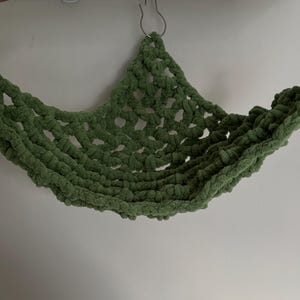May include: A green crocheted hammock for small pets, hanging from two metal hooks.