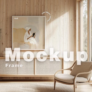 Square Frame Mockup Photoshop Template, Light Wood Frame Mockup for Photoshop, 1x1 Frame for Art and Print Display, Frame Mock Ups