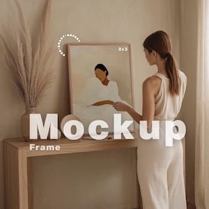 Vertical Frame Mockup Photoshop Template, Frame Mockup With Person, Thin Wood Frame, PSD Photoshop Mockup, Frame Mockup Home Interior,
