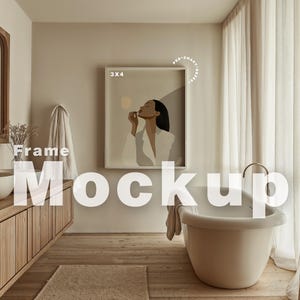 Frame Mockup Bathroom, ISO A DIN Ratio, Thin Wood Frame, PSD Photoshop Photopea Mockup, Frame In Bathroom Minimal Home Interior Mockup
