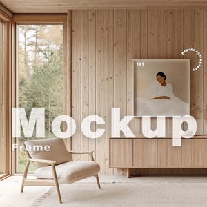 Square Frame Mockup Photoshop Template, Light Wood Frame Mockup for Photoshop, 1x1 Frame for Art and Print Display, Frame Mock Ups