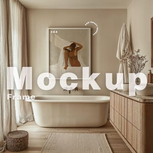 Frame Mockup Bathroom, ISO A DIN Ratio, Thin Wood Frame, PSD Photoshop Photopea Mockup, Frame In Bathroom Minimal Home Interior Mockup