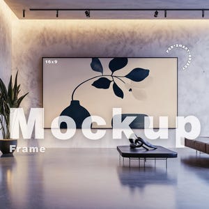 Horizontaler Rahmen Mockup Photoshop Vorlage, 16x9 Rahmen für Kunst und Druck Display, Rahmen Mock Ups, moderner Rahmen Mockup, Innenrahmen Mockup