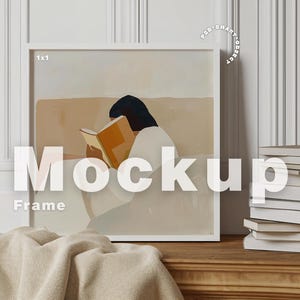 Square Frame Mockup Photoshop Template, Wood Frame Mockup, 1x1 Frame Mockup with Books, Interior Frame Mockup, Minimalist Scandinavian Frame