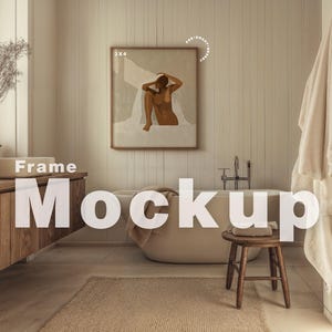 Frame Mockup Bathroom, ISO A DIN Ratio, Thin Wood Frame, PSD Photoshop Photopea Mockup, Frame In Bathroom Minimal Home Interior Mockup