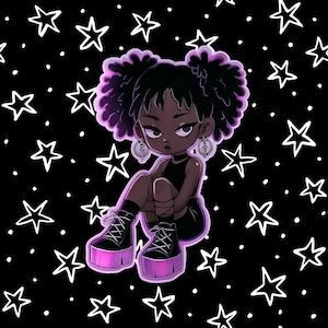 Puede incluir: Ilustración de un personaje de dibujos animados con piel oscura, vistiendo un atuendo negro y zapatos de plataforma con suelas rosas. El personaje tiene el pelo rizado y está sobre un fondo negro con estrellas blancas.