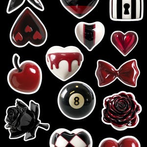 May include: A collection of glossy, decorative objects with a black background. The objects include hearts, bows, a rose, an apple, a billiard ball, and a padlock. The color palette is primarily red, black, and white, with a high-gloss finish.
