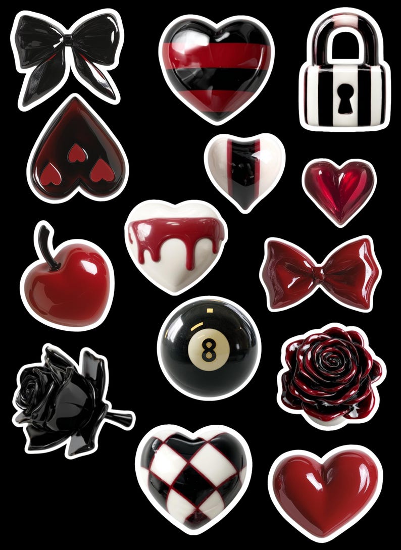 May include: A collection of glossy, decorative objects with a black background. The objects include hearts, bows, a rose, an apple, a billiard ball, and a padlock. The color palette is primarily red, black, and white, with a high-gloss finish.