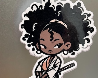 Afro Samurai Girl Vinyl Sticker – Powerful Warrior Chibi Art with Katana Sword