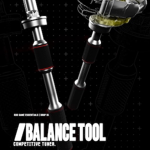 以下が含まれることがあります： 赤のアクセントが付いた、銀と黒のBalance Toolが2つ写った製品画像。ツールはテクスチャ加工されたグリップを備え、背景は暗く、「BALANCE TOOL」と「COMPETITIVE TUNER」の文字が配置されています。