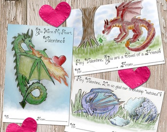 Printable Fantasy Dragon Valentines Day Cards, Pack of 3, Hand Drawn, PDF download