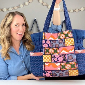 The Garden Tiles Bag PDF Pattern - Große Einkaufstasche-Muster - Gestepptes Handtaschen-Muster - Mini-Quilt auf einer Tasche